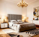 Belsogno 'Altura' Upholstered Platform Bed with Tall Vertical Tufted Headboard and Optional Ottoman Storage