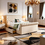Luxurious bedroom with a beige upholstered bed, chandelier, and decorative elements.