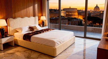 Luxurious Belsogno bedroom with a view of the Colosseum at sunset.